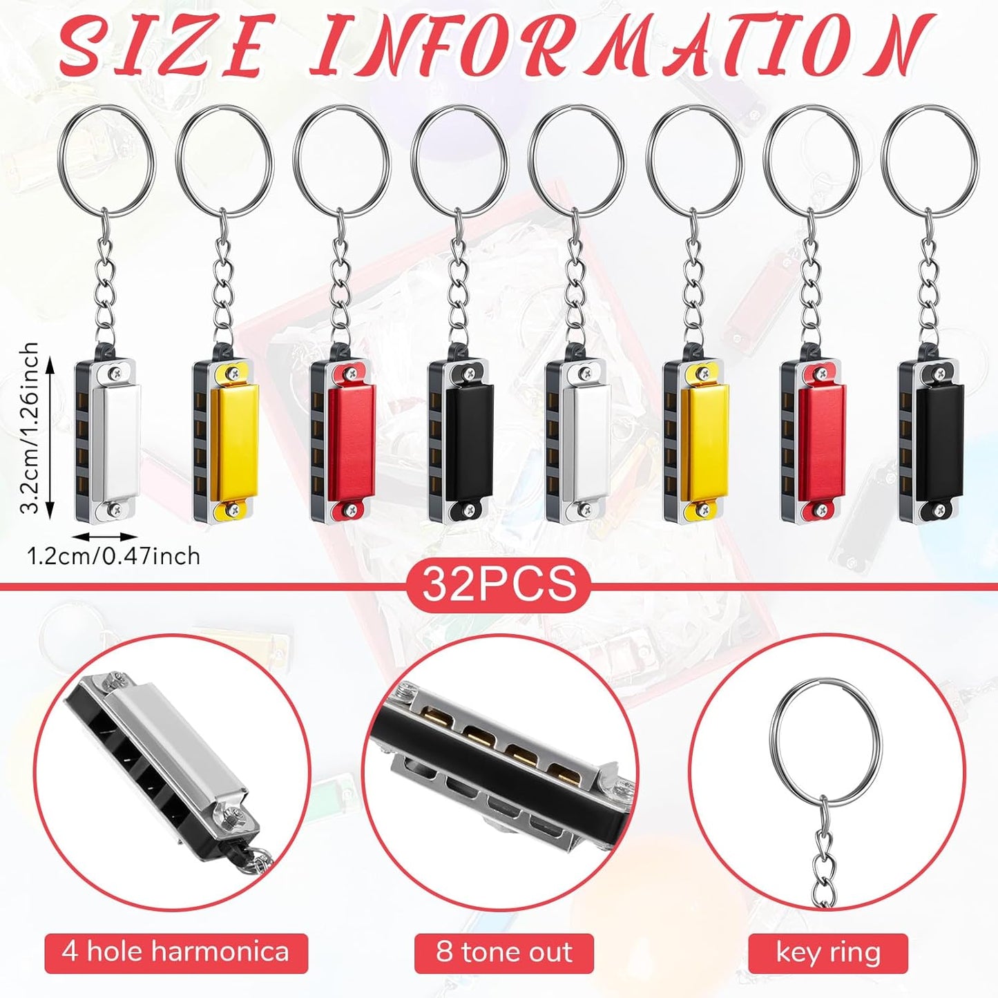 Ecally 32 Pcs Mini Harmonica Keychain for Kids Operation Christmas Favors Portable Wind Instruments 4 Holes 8 Tunes Harmonica Music Party Favors Cute Music Keychain Accessory (Classic Color)