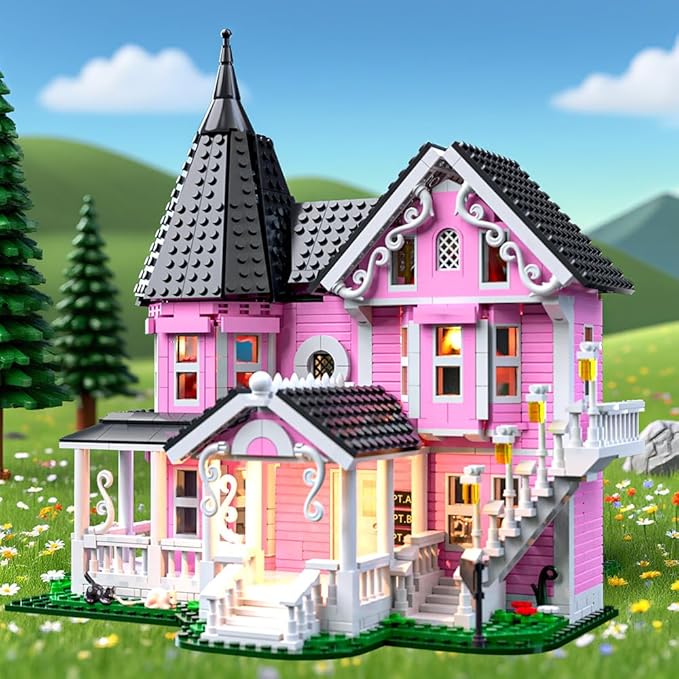 1349PCS Pink Palace House Building Set, Halloween Haunted House Blocks Toy, with Lights Christmas for Teens Girls 12+ ，Halloween House Kit for Kids Adults