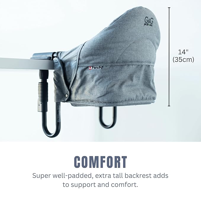 guzzie+Guss Perch Clip-On Table Chair – Easy Setup for Travel (Restaurants, Picnics), at Home (Kitchen Islands, Dining Tables) - Secure & Portable Seating, Machine Washable Fabric - Copper Blue