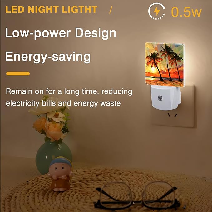 Palm Trees at Sunset Night Light, Beach Plug-in Nightlight with Dusk to Dawn Auto Sensor for Home Bedroom Hallway Kitchen 0.5W Sleep Friendly Led Lamp for Women Men