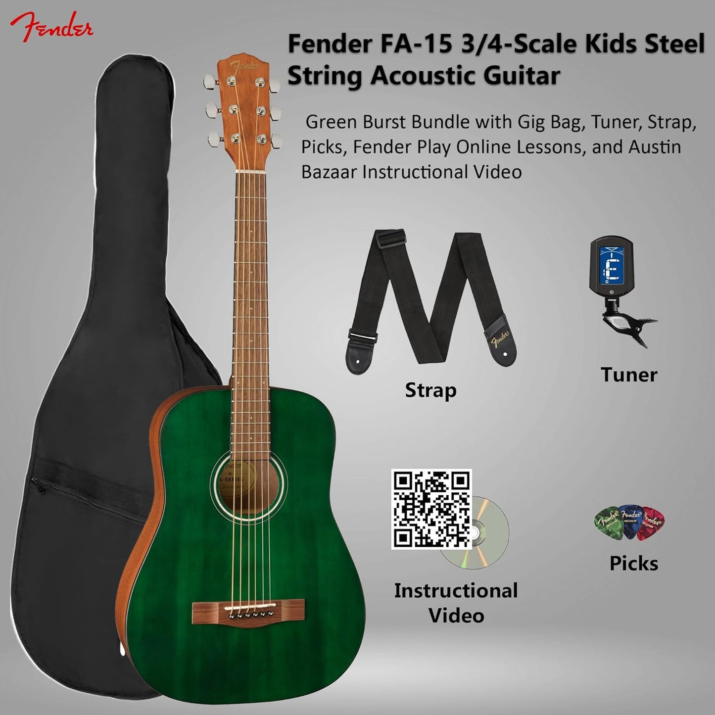 Fender FA-15 3/4-Scale Kids Steel String Acoustic Guitar - Green Learn-to-Play Bundle with Gig Bag, Tuner, Strap, Picks, Fender Play Online Lessons, and Austin Bazaar Instructional DVD