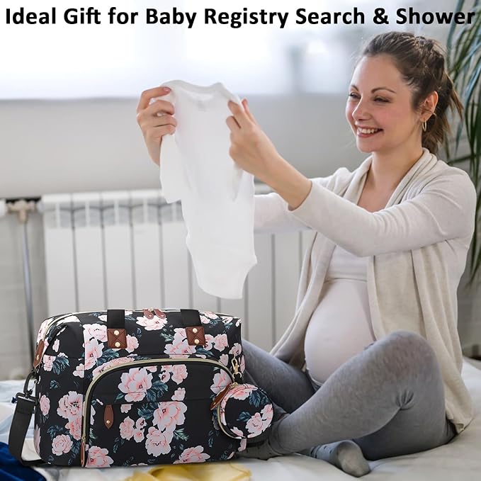 Diaper Bag Tote, Baby Bag Travel Diaper Tote Bag with Pacifier Case, Cute Maternity Hospital Baby Stylish Diaper Tote for Mom Dad Black Pink Floral