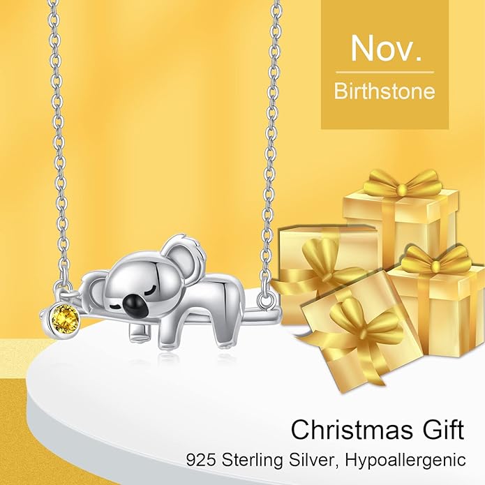 JUSTKIDSTOY Koala Necklace Sterling Silver Cute Animal Koala Bear Birthstone Necklace Jewelry Christmas Birthday Gifts for Women Girls