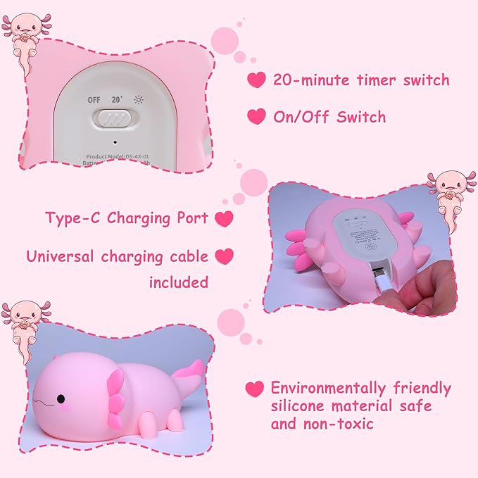 Ammonite Axolotl Gifts, Axolotl Night Light for Kids - Squishy Silicone LED Touch Cute Lamp, Xmas Birthday, Kawaii Bedroom Decor Nursery Lamp for Boys Girls Mom