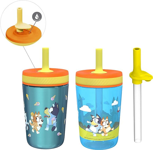 Zak Designs Bluey Kelso Tumbler Set, 15 fl.oz. Leak-Proof Screw-On Lid with Straw, Bundle for Kids Includes Plastic and Stainless Steel Cups with Bonus Sipper, 3pc Set, Non-BPA