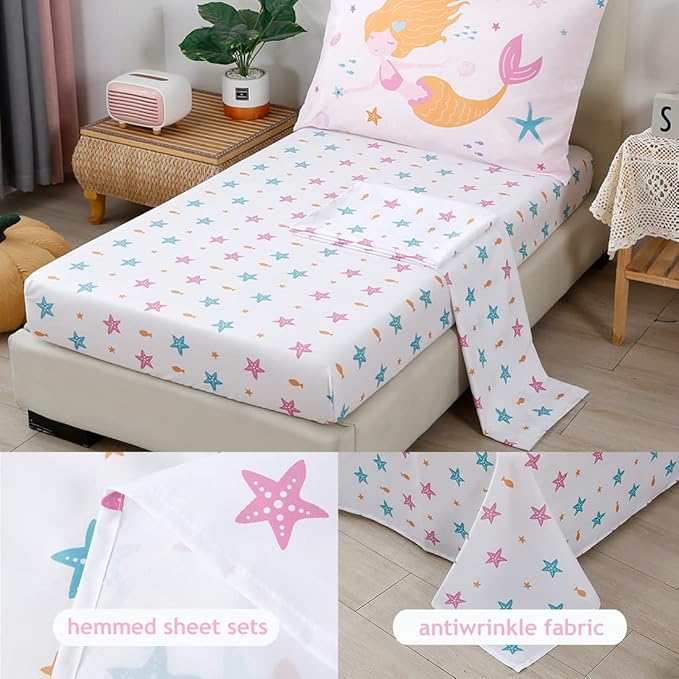 PERFEMET Toddler Bedding Sets Girls 4 Pieces Pink Mermaid Toddler Bed in A Bag Soft Reversible Blush Toddler Bed Set Include Comforter, Flat Sheet, Fitted Sheet, Pillowcase