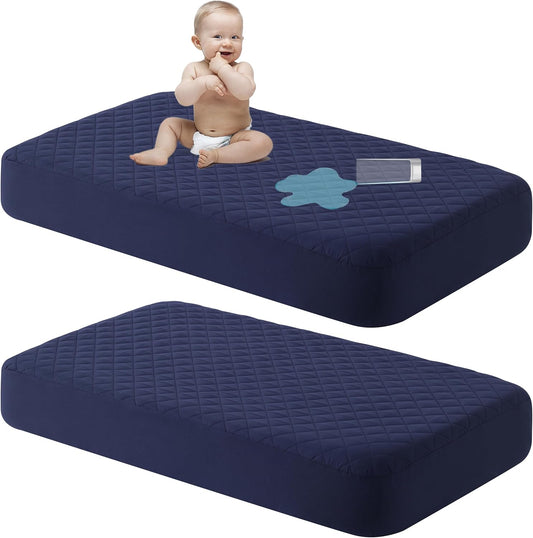 NTBAY 2 Pack Waterproof Mini Crib Mattress Protector, Quilted 24"x38" Fitted Mattress Cover - Machine Washable - Soft and Breathable Baby Mattress Pad Sheet for Mini Crib and Baby Playards, Navy Blue