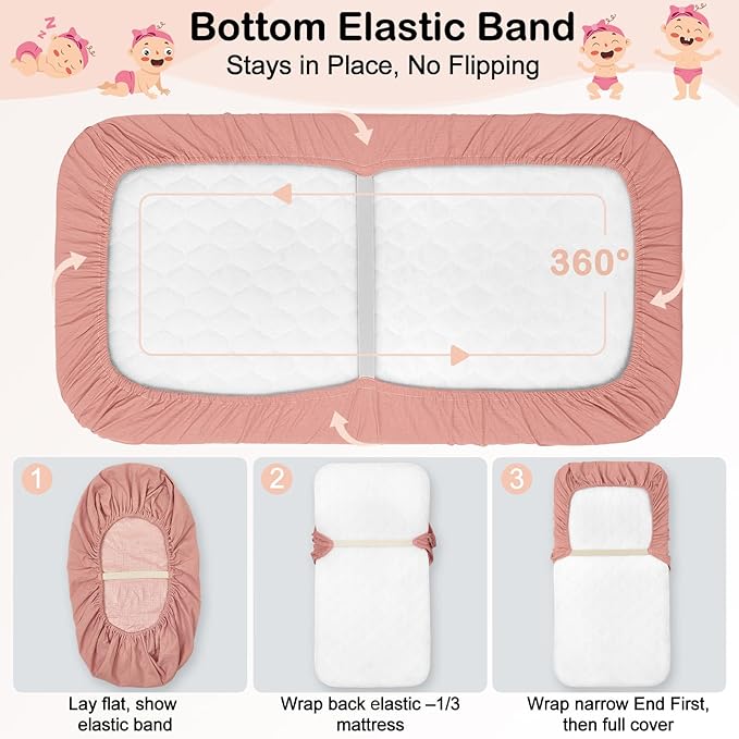 Baby Bassinet Sheets TPU Waterproof 2 Pack Soft Muslin Bedside Bassinet Mattress Sheets with Bottom Elastic Band for Baby Boy Girls Unisex Fit Hourglass Oval and Rectangle, Pink Beige
