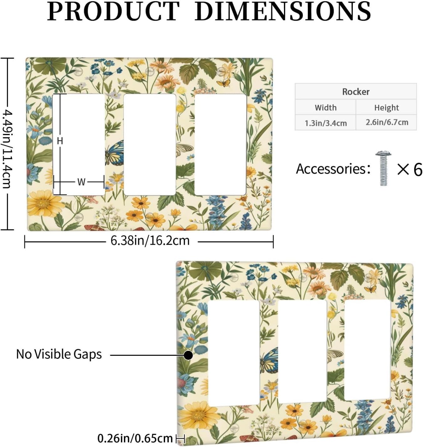 Decorative Outlet Covers Rustic Plant Garden Leaf Flower Butterfly 3 Gang Wall Plate Triple Rocker Light Switch Cover Plate Jumbo Electrical GFCI Faceplate for Bedroom Home Decor