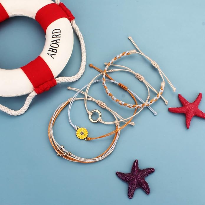 FANCY SHINY Sunflower String Bracelet Boho Braided Rope Wrap Bracelets Cute Summer Beach Surfer Jewelry for Women Christmas Gifts