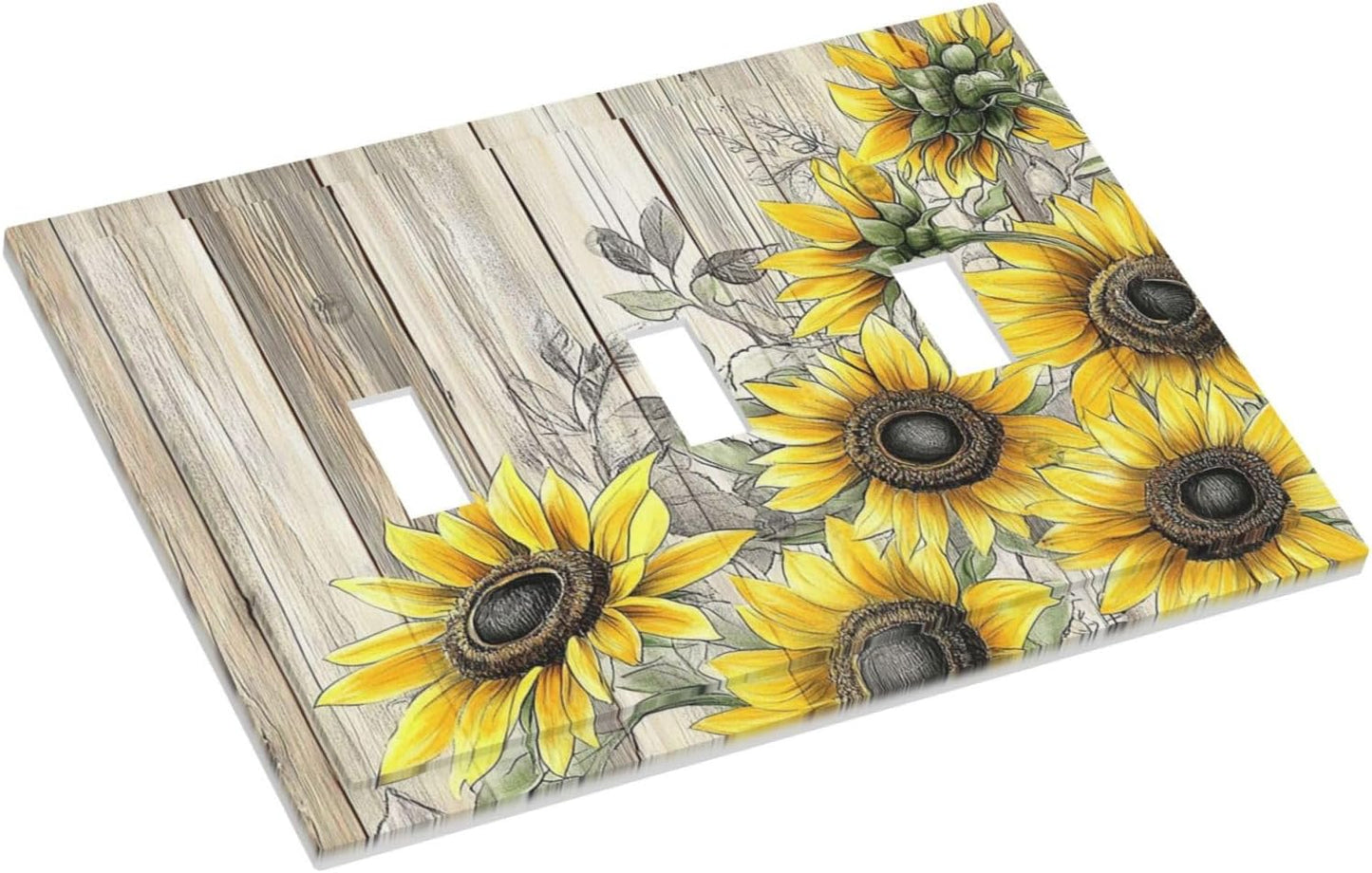 Decorative Switch Plates Floral Sunflower Rustic Flower Vintage Wood 3 Gang Wall Plate Triple Toggle Light Switch Cover Faceplate Electrical Wall Panels For Farmhouse Cabin Decor