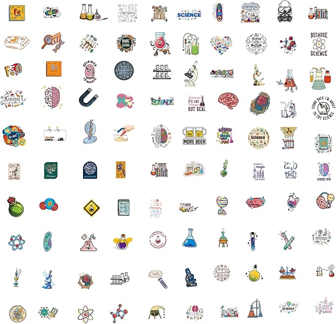 100pcs Science Stickers Pack, Biology Classroom Decor for School Teacher Student Laboratory Sticker Decals for Laptop Water Bottle Notebook Science Party Favors and Decor