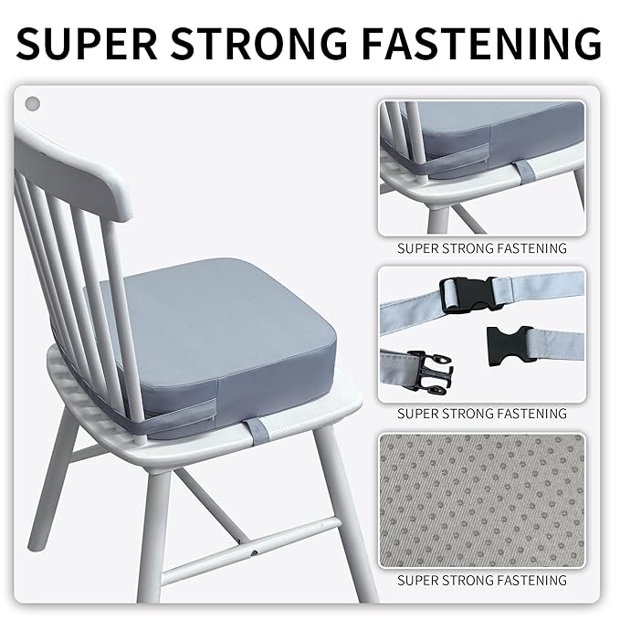 Toddler Booster Seat for Kitchen Chair, 3.5" Oxford Foam Cushion, Non-Slip Base, Adjustable Straps, Portable Dining Booster for Self-Feeding Toddlers at Home or on The Go (Grey)