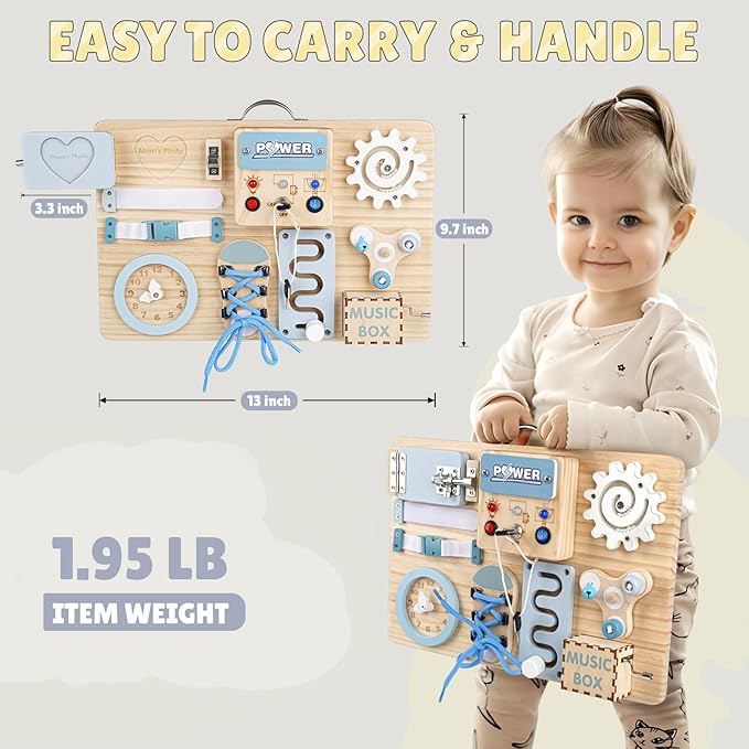 Joyreal Montessori Busy Board with LED Lights, Autism Sensory Travel Toys, Fidget Board Ideal Gift for Boys Girls Wooden Toddler Toys