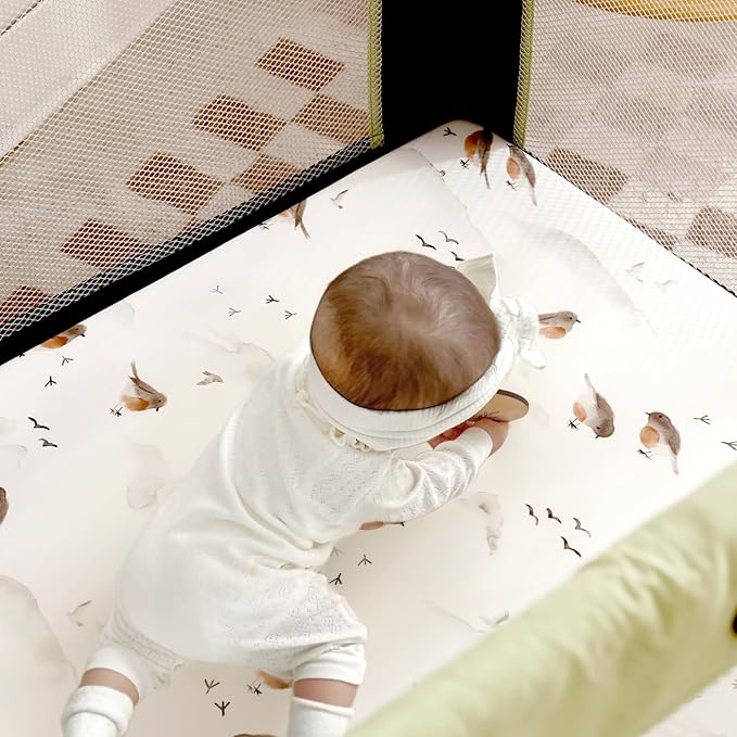 Stretchy Ultra Soft Jersey Knit Pack and Play Sheets Set 3 Pack, Portable/Mini Crib Sheets for Boys and Girls, Universal Fit for Pack N Plays Safe and Snug, Cute Watercolor Cows and Birds Print