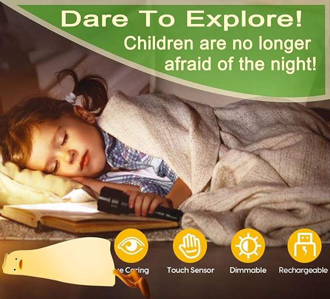 DREAMING MY DREAM Cute Duck Night Light,Rechargeable Fun Lying Flat Duck Lamp,LED Squishy Animal Novelty Lamp,Light up Duck for Kids Great Gift,3 Level Dimmable Nursery Nightlight Touch Lamp