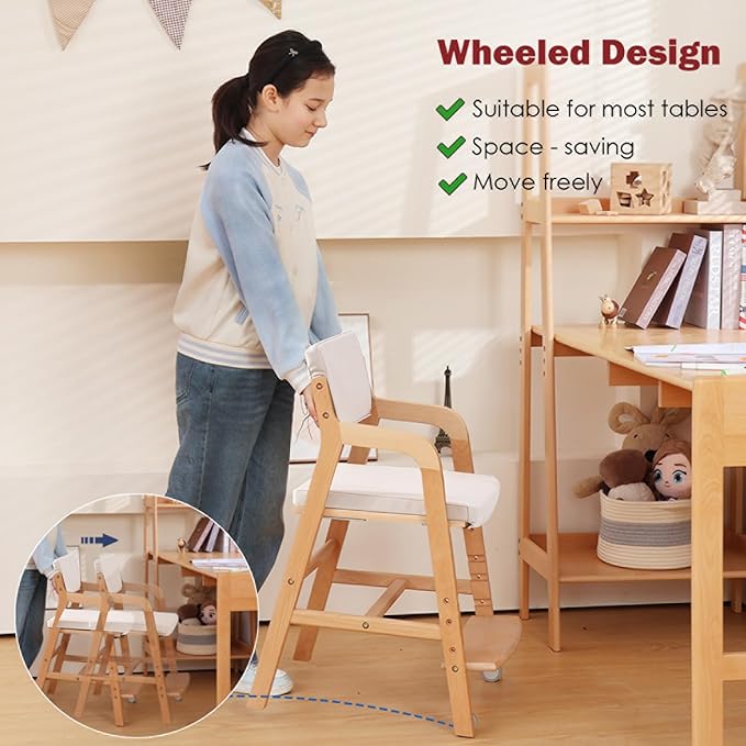 Swegrow Wooden High Chair with 2 Wheels, Adjustable Seat - Backrest - Footrest Heights, Wooden High Chair for Toddlers - Kids and Baby, Kids Dining Chair with Removable Cushion(Beige)