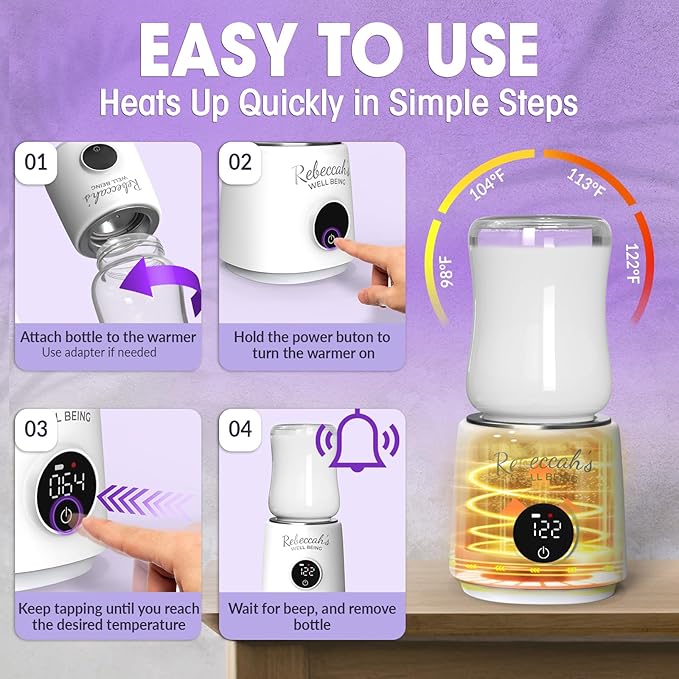 Portable Bottle Warmer for Travel with built in Nightlight, Fast 4 Heat Settings, Lightweight, Leak-Proof Design & Safe Rechargeable Baby Bottle Warmer for Breastmilk Formula or Water, Travel-Friendly