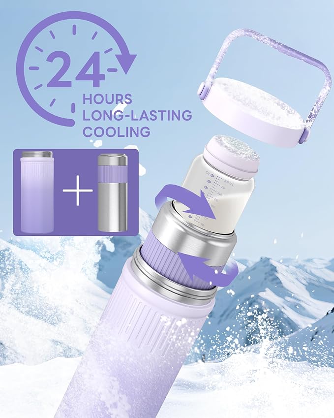 22oz Portable Breast Milk Cooler for Breastmilk Storage, Liquid Gold Saver 360° Cooling Keeps Milk Fresh for 24 Hours, Larger Capacity Breastmilk Chiller with 2pcs Bottles for Outdoor Mom