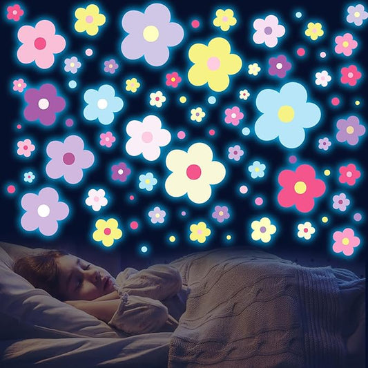 Glow in The Dark Y2k Cute Flowers Wall Decals，Glowing Luminous Colorful Floral Wall Stickers Colorful Removable self-Adhesive Preppy Hippie Stickers for Girls Bedroom (Lovely Color)