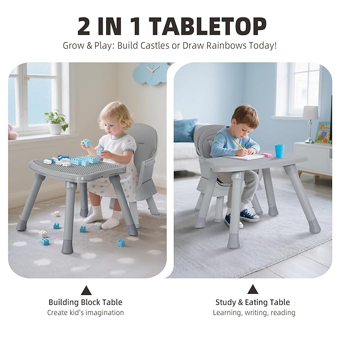 8 in 1 Baby Highchair, Convertible High Chair for Babies and Toddlers, Booster Seat w/5-Point Safety Belt, Toddler Building Block Table, Dishwasher Safe Tray, No Tool Install, Gray