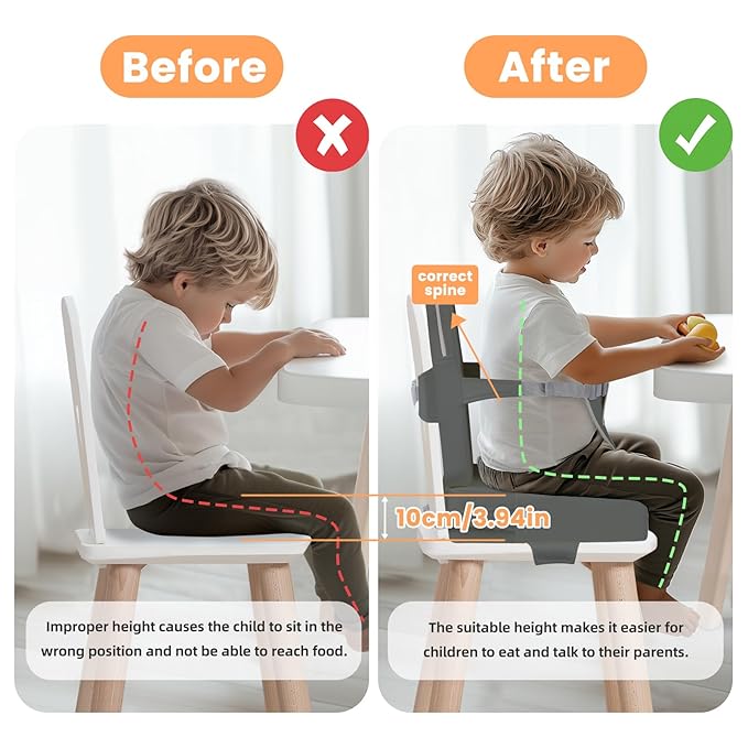 Toddler Booster Seat for Dining Table with Adjustable Straps, Kids Booster Seat for Kitchen Chair with Non-Slip Bottom, PU Anti-Scratch Portable Detachable Increasing Cushion (Dark Grey)