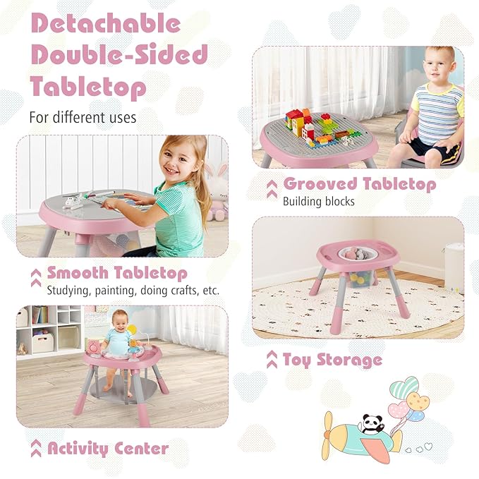 KOTEK 16 in 1 Convertible High Chair, Baby Highchair & Activity Center with Toys, Booster Seat, Building Block Table, Toddler Chair with 5-Point Harness, Removable Tray & Cushion (Pink)