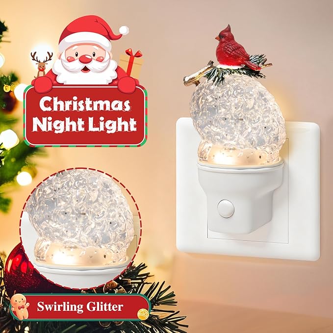 2 Pack Christmas Night Light Plug into Wall Glitter Water Nightlight with USB/Outlet Options, Christmas Cardinal and Pinecone Decorative Nightlight for Holiday Decorations (Cardinal and Pinecone)