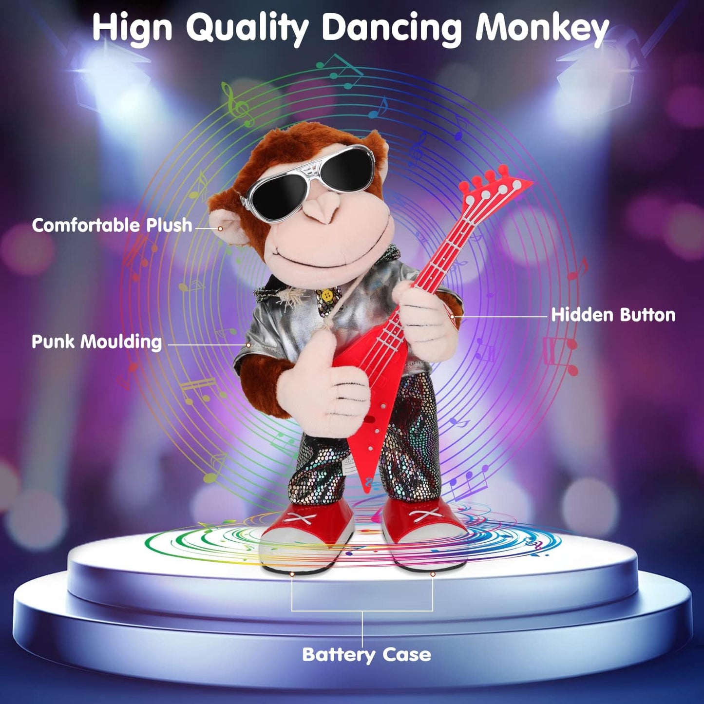 Dancing Monkey Plush Toy, Stuffed Toys, Dancing Singing, Body Shaking, and Guitar Shaking, Punk Molding, One Button Control, Children's Education Toys, Musical Intelligence Development