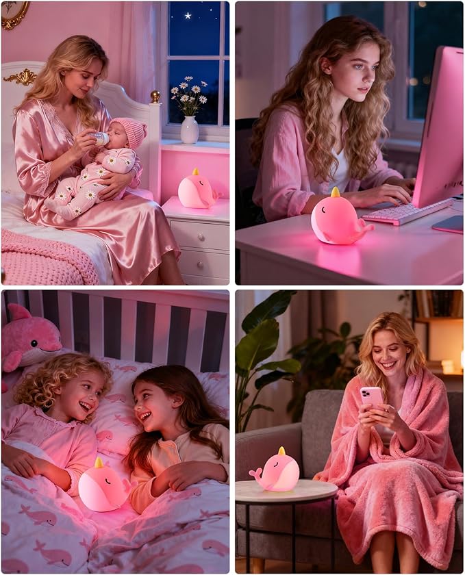Fuloon Narwhal Night Light with Whale Shape, Squishy Silicone Kids Lamp, Safe & Soothing Touch Control for Kids and Babies, USB-C Rechargeable, 30-Min Auto Timer, Gift Idea (Pink)