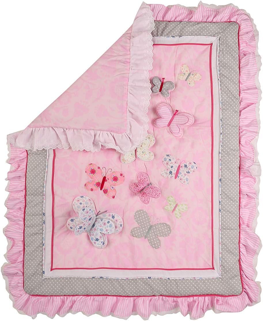 7 PCs Pink Embroidery Butterfly Nursery Crib Bedding Set 100% Cotton Baby Girl 3D Butterfly Themed Cot Bedding Set 1 Quilt, 2 Fitted Sheet, 1 Window Valance, 3 Butterfly Shaped Wall Decor