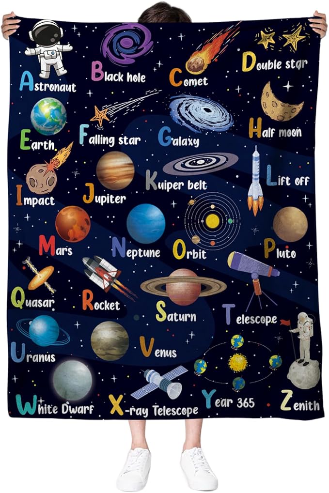 Space Alphabet Blanket, Space Themed Bedroom Decor, 50" X 60" Galaxy Blanket, Gifts for Kids, Planet Astronaut Gift for Boys Kids Birthday Christmas