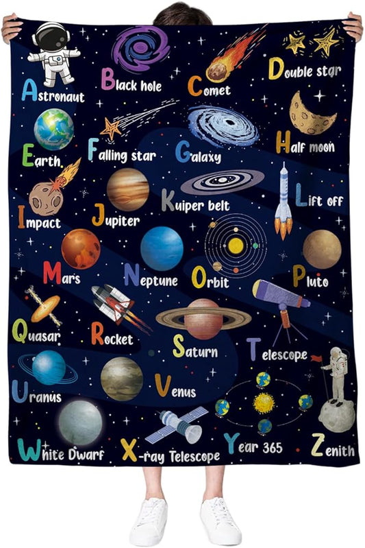Space Alphabet Blanket, Space Themed Bedroom Decor, 50" X 60" Galaxy Blanket, Gifts for Kids, Planet Astronaut Gift for Boys Kids Birthday Christmas