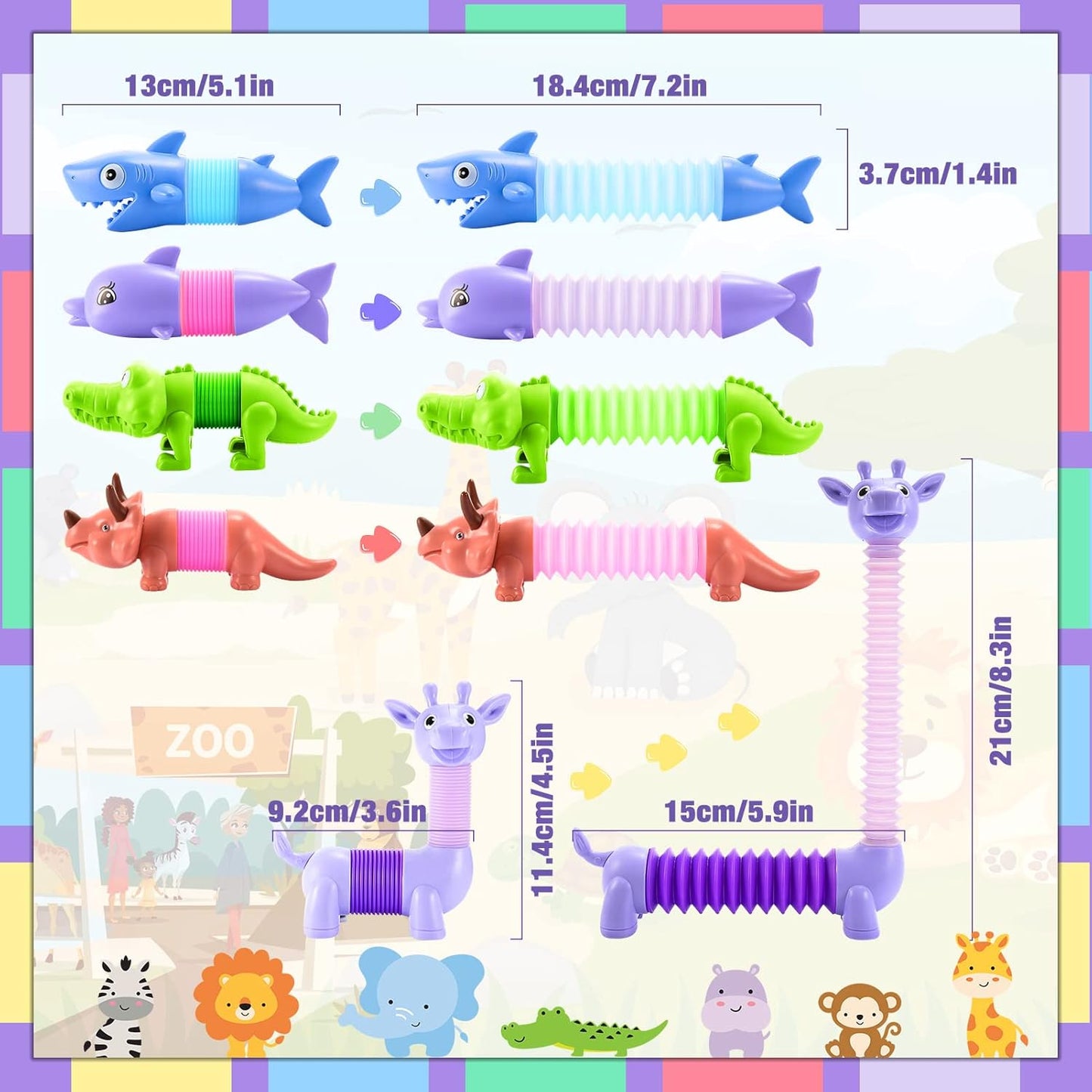 Animals Fidget Toys for Toddlers: 6 Pack LED Animal Pop Tubes for Kids 2 3 4 5 6 Year Old Girls Boys Halloween Birthday Gifts New Autism Sensory Toy for Toddler Age 3-5 Tube Set Light Up Party Favors