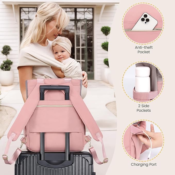 LOVEVOOK Diaper Bag Backpack,Diaper Bag Tote with Insulated Pockets,Baby Bag for Girl Boy with Changing Pad,Large Baby Diaper Bag with Pacifier Case,Anti-Theft Travel Backpack for Women,Pink-Gray
