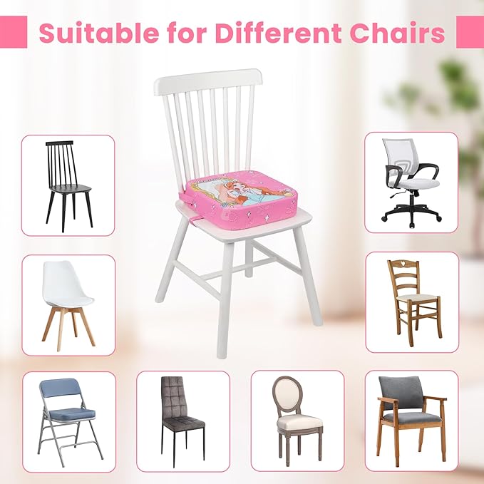 Toddler Booster Seat for Dining Table, Kids Booster Seat for Kitchen Chair with Non-Slip Bottom, Portable Detachable Washable Increasing Cushion with 2 Adjustable Straps (Princess)