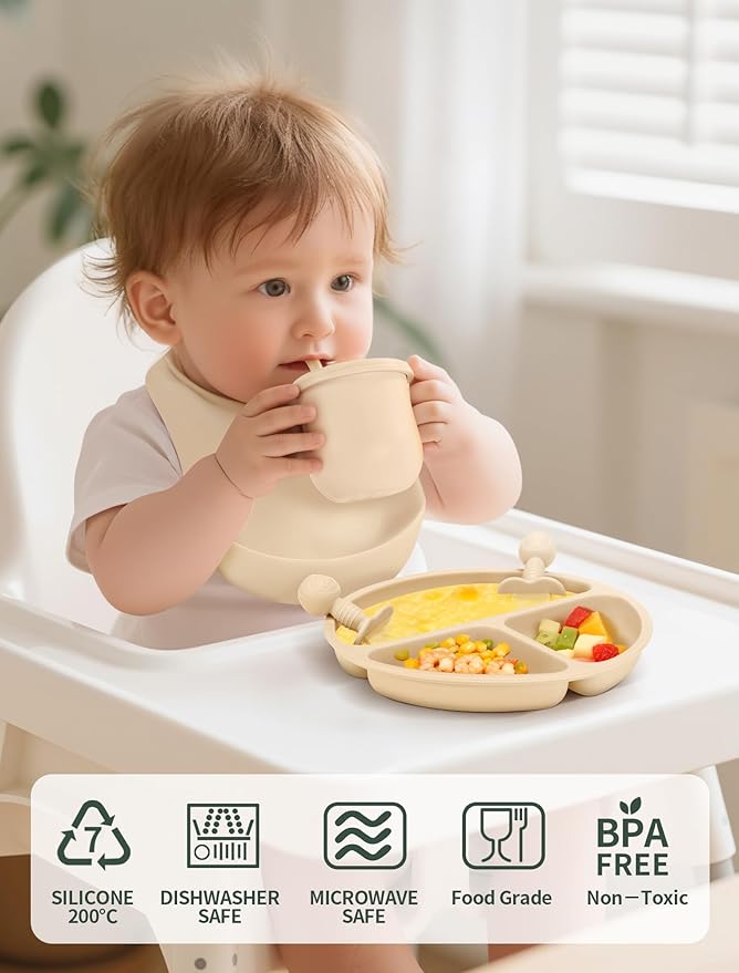 Silicone Baby Feeding Set 9 Pcs, Spill-Proof Suction Plate, Bowl, Bib, Silicone spoon&forks, Wooden Spoons&forks, Training cup with straw and Sippy Cup, Baby Eating Utensils (Green)