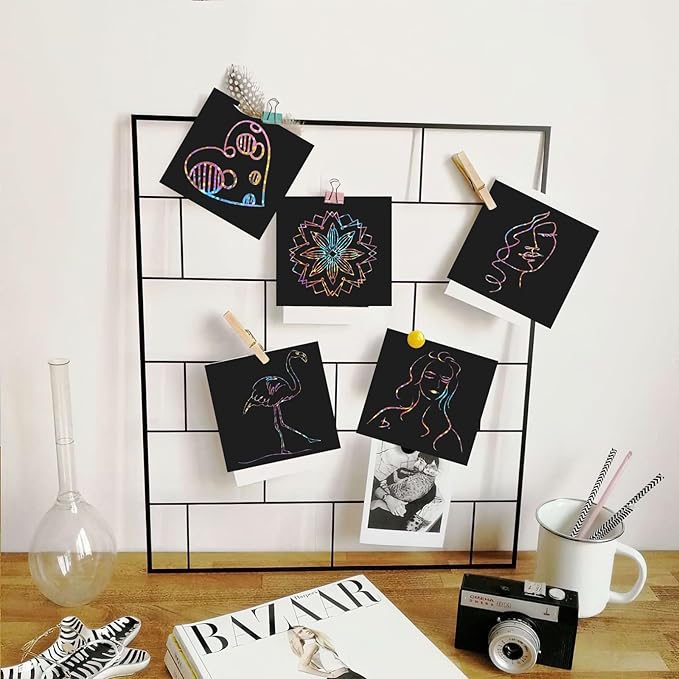 100 PCS Magic Rainbow Glitter Scratch Art Notes,Cool Scratch Paper for Teens,3.3"x3.3" Blank Scratch Art Set for DIY Crafts,with 2 Painting Templates and 2 Scratch Pen