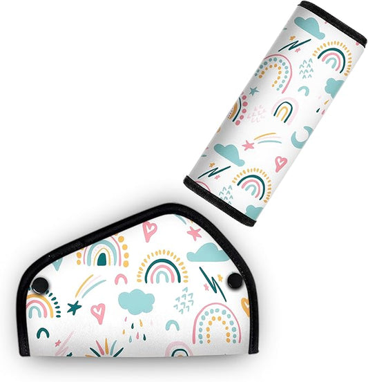 Kid'S Seat Belt Cover Pad, Neck & Abdomen Cushion For Children- Soft And Breathable Straps Cover Support For Booster Seat, Strollers, And High Chairs | Hypoallergenic Travel Accessory, Rainbow