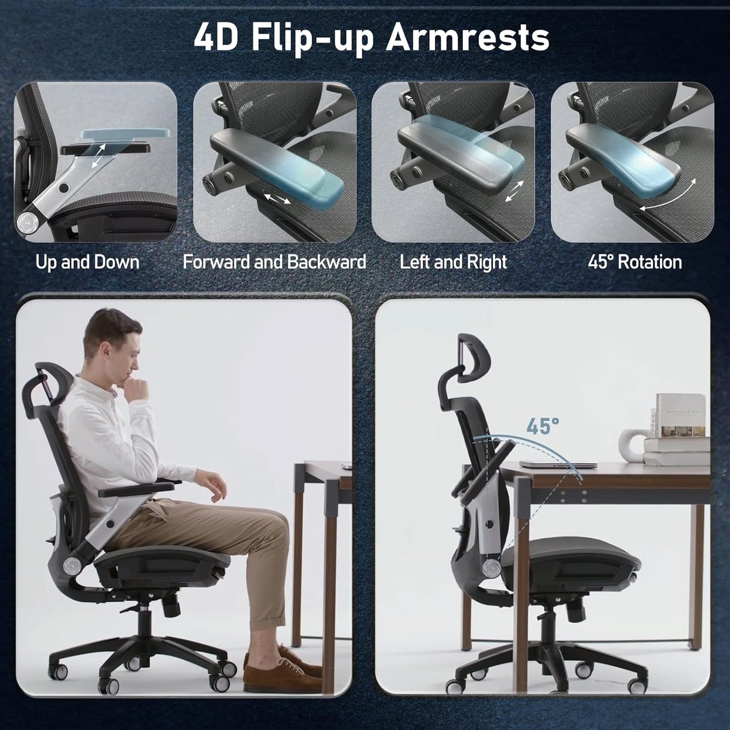 Ergonomic Mesh Office Chair with Footrest, High Back Executive Desk Chair with Adjustable Lumbar Support, Headrest and Tilt Lock, 4D Flip-up Arm-Grey