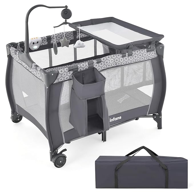 INFANS 3 in 1 Pack and Play, Portable Travel Baby Crib Bassinet with Detachable Mattress, Newborn Changing Table, Foldable Playpen with Carry Bag and 2 Wheels (Classic)
