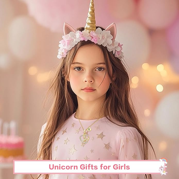 Unicorn Initial Necklaces Gifts for Girls Kids - 14K Real Gold Plated Heart Initial Unicorn Necklace Teen Girls Gifts Trendy Stuff Heart Letter Necklace for Women Girl Kids