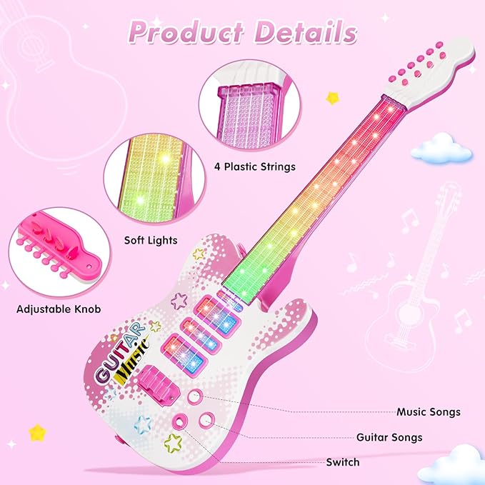 Kids Pink Guitar Toy for 3 Year Old Girls Birthday Gift Toddler Toy Ages 2-4 Electric Guitars with 4 Strings Light Up Music Toys for 3 4 5 Year Old Boys Girls Gifts