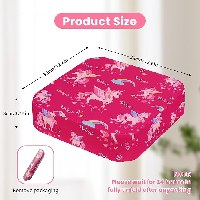 Toddler Booster Seat for Dining Table, Kids Booster Seat for Kitchen Chair with Non-Slip Bottom, Portable Detachable Washable Increasing Cushion with 2 Adjustable Straps (Unicorn)