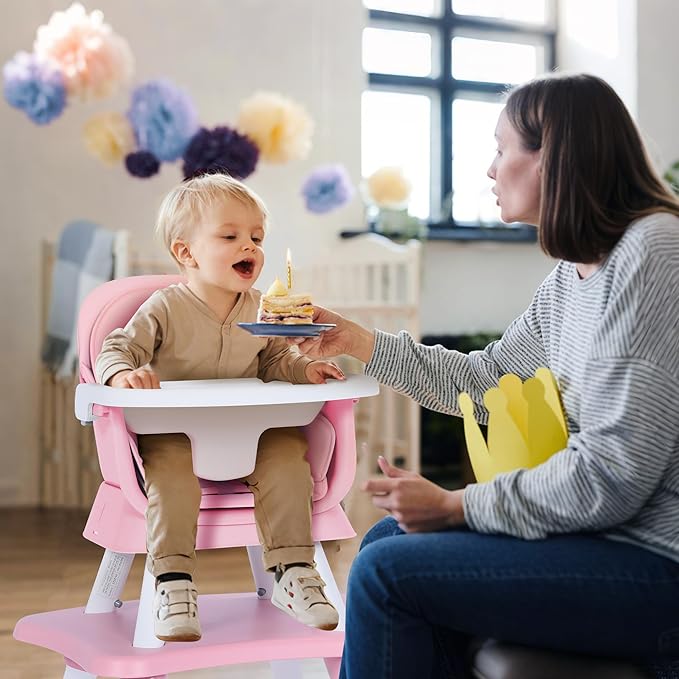 8 in 1 Baby Highchair, Convertible High Chair for Babies and Toddlers, Booster Seat w/5-Point Safety Belt, Toddler Building Block Table, Dishwasher Safe Tray, No Tool Install, Pink