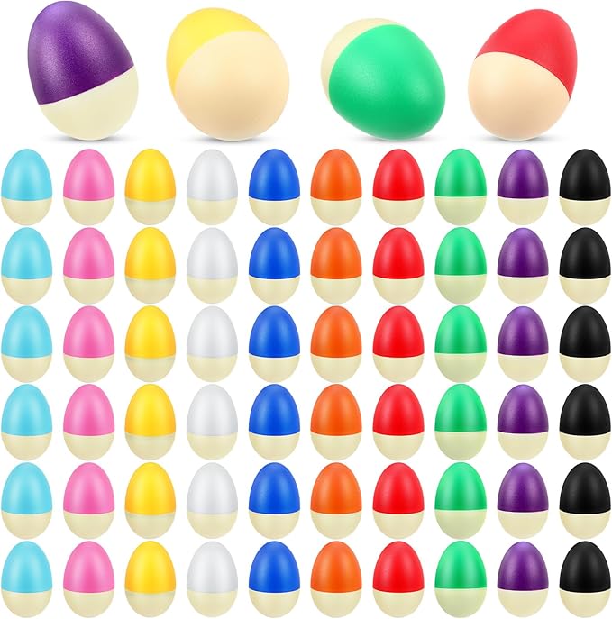 Yeshone 100 Pieces Egg Shakers Musical Instruments Percussion Maracas Egg for Kids Toys Plastic Easter Shaker for Learning DIY Painting, Classroom Music, Rhythm(Splicing Color)