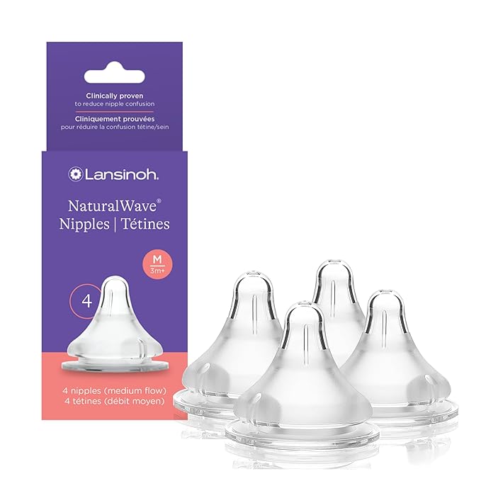 Lansinoh NaturalWave Baby Bottle Nipples, Medium Flow, Size M, 3+ Months, 4 Count – 100% Soft, Durable Silicone, Made Without BPA BPS, Anti-Colic, Supports Baby’s Developing Mouth and Teeth