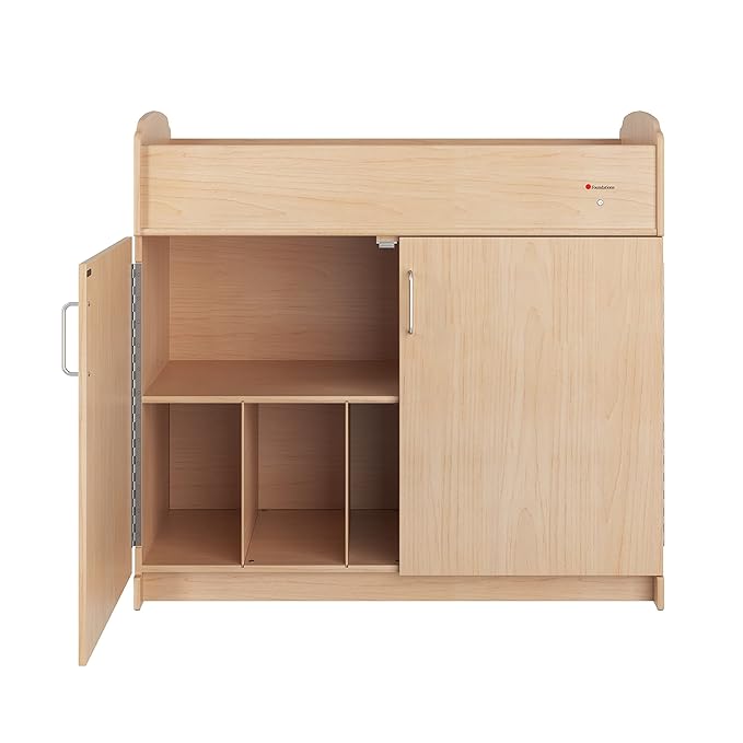 Foundations Serenity Daycare Changing Table with Storage Cubbies, Durable Wood Construction, Built-in Shelving for Ample Storage, Adjustable Safety Strap, Includes 1” Foam Mattress Pad (Natural)