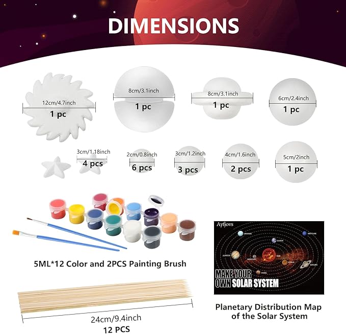 Ayfjovs 56PCS Solar System Foam Balls Crafts for Kids School Projects to Learn Planets, Includes 20pcs Mixed Sizes Polystyrene Balls, Color Pigments, Flags, Painting Brushes, Bamboo Sticks for DIY