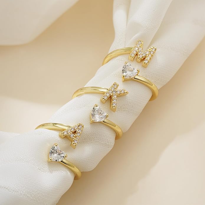 Initial Gold Rings for Girls Women - Dainty 14K Gold Plated Adjustable Letter A-Z Rings Teen Girls Gifts Trendy Stuff Heart CZ Initial Ring Teens Birthday Gift for Girls Non Tarnish